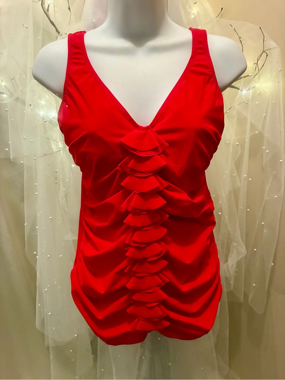 Red Ruffled V-Neck Women’s Swimsuit top